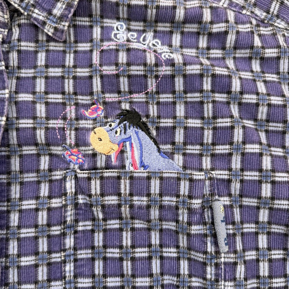 Disney Pooh Eeyore Shirt Womens Large Purple Plaid Corduroy Button Up Vintage - Picture 4 of 5